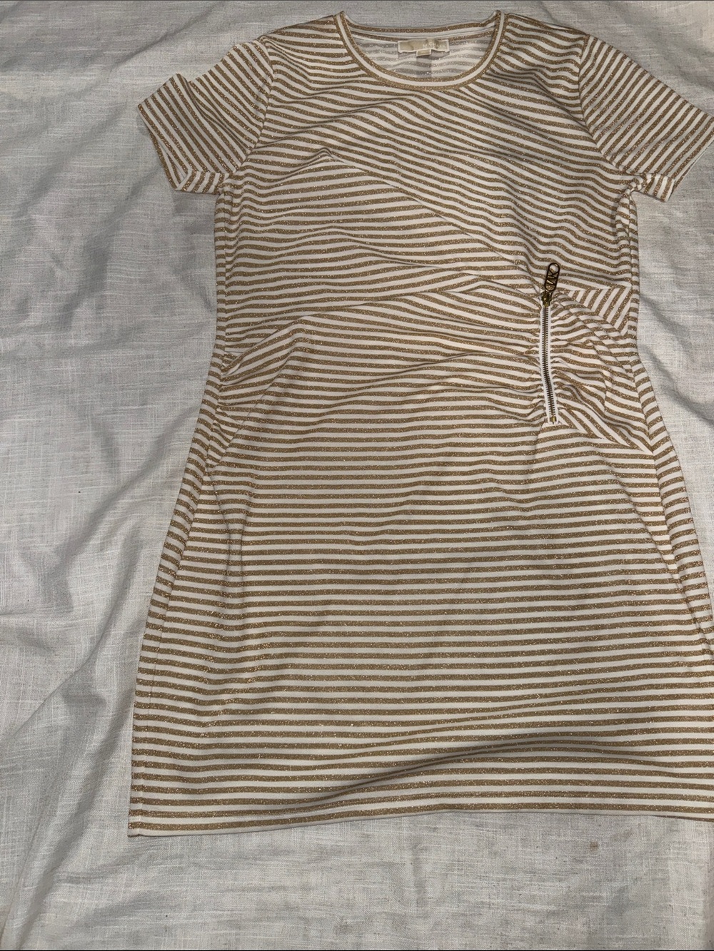 MICHAEL Michael Kors Beige and White Striped Short Sleeve Dress